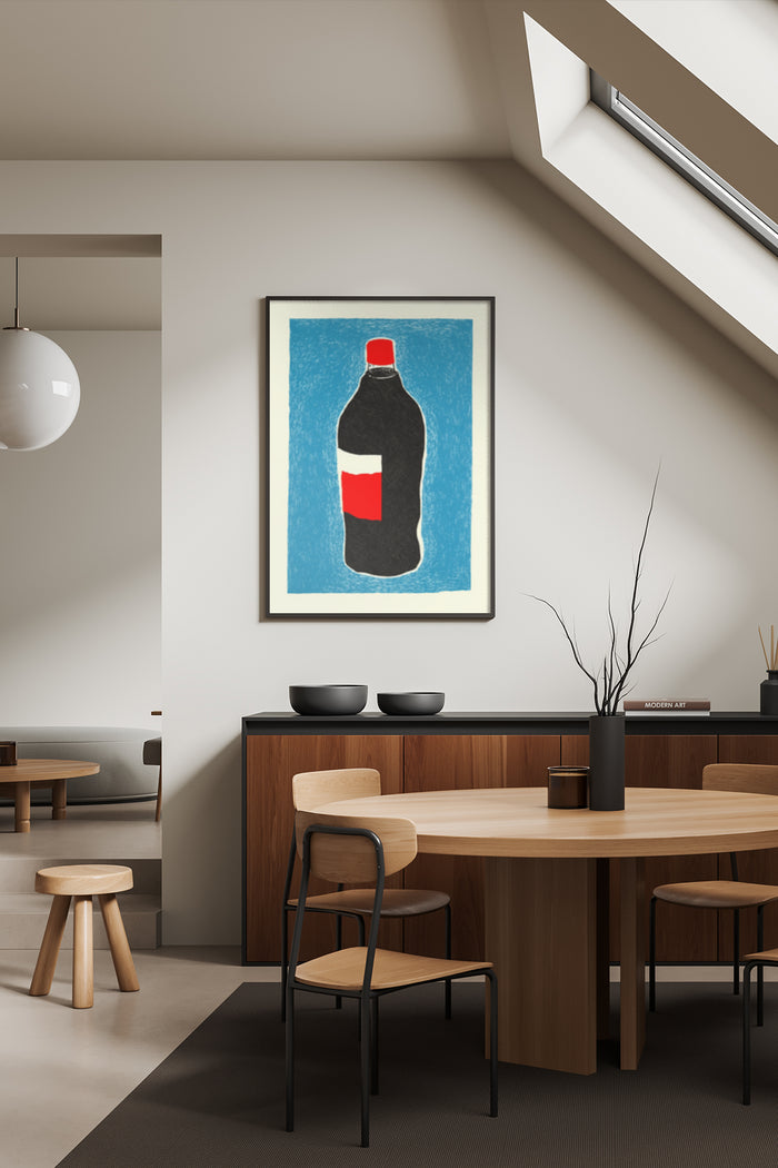 Minimalist soda bottle artwork poster in a modern dining room setting