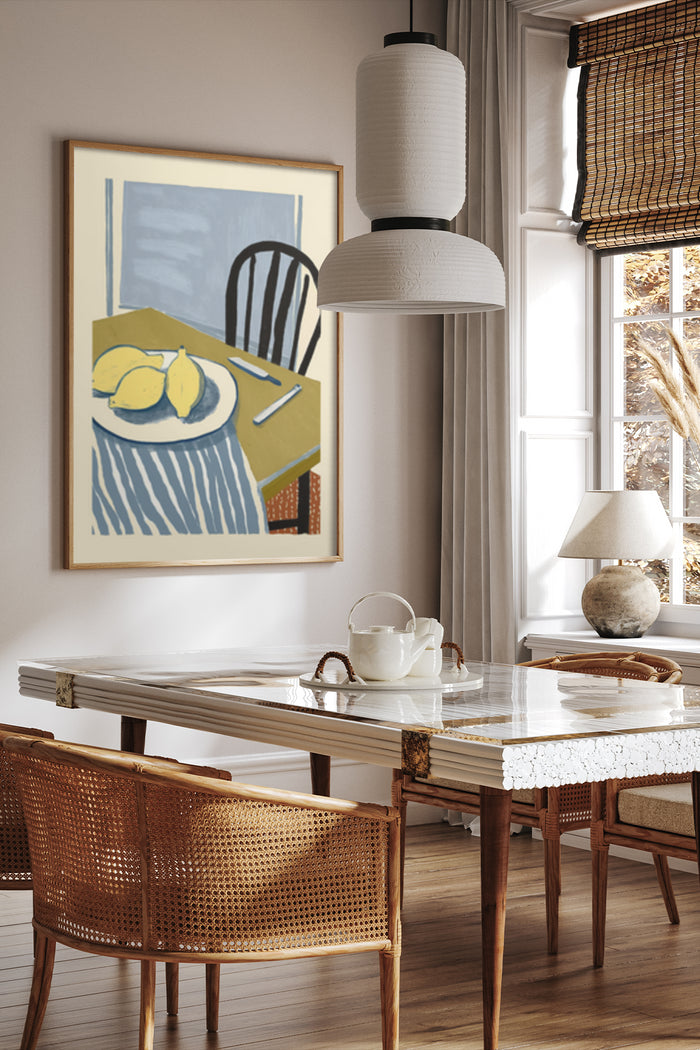 Modern art still life poster with lemons in a stylish dining room interior