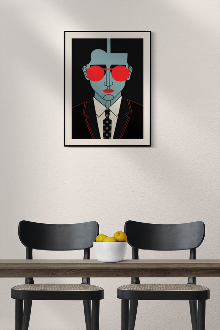 Contemporary art poster of a stylized man wearing red sunglasses displayed on a wall