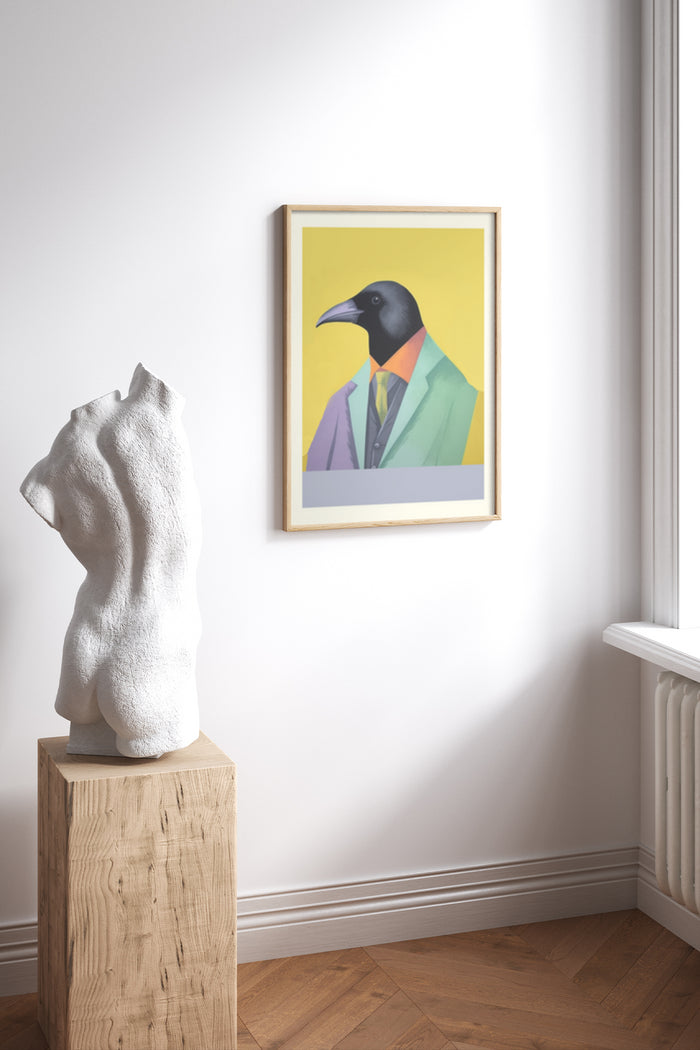 Contemporary art poster of a bird dressed in a suit on a gallery wall