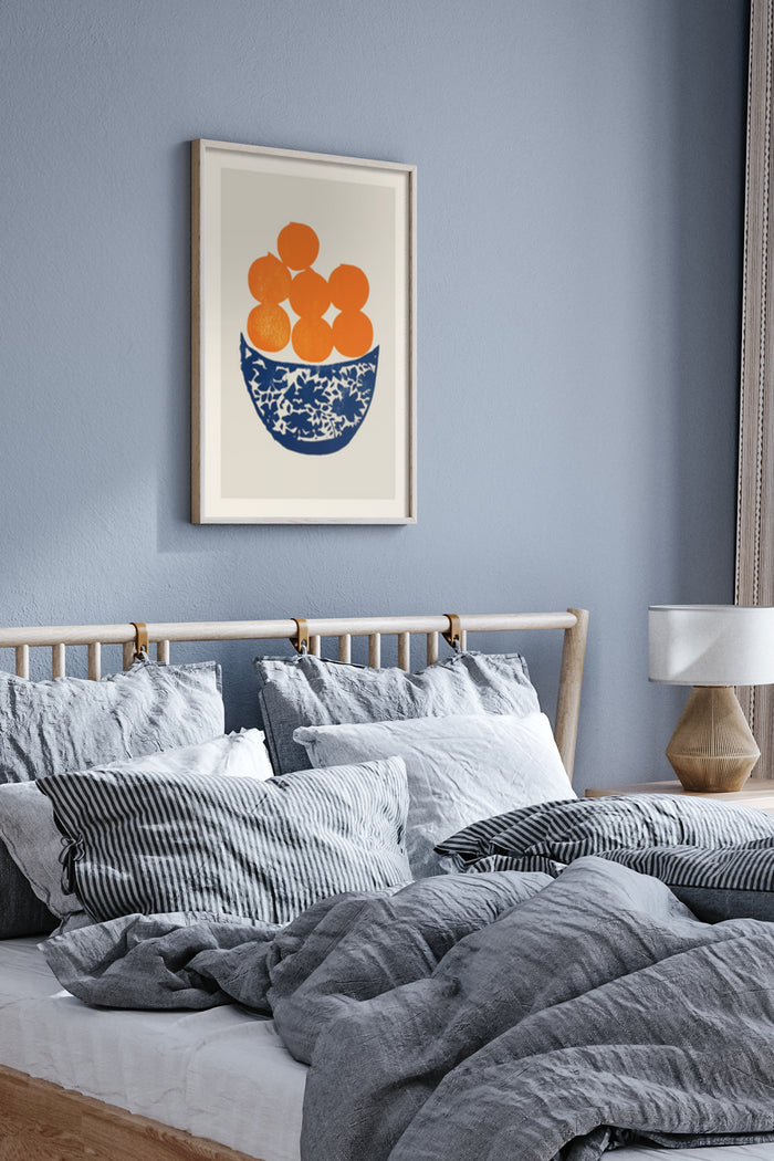 Modern Art Poster featuring Orange Circles in a Blue Porcelain Bowl in a Bedroom Setting