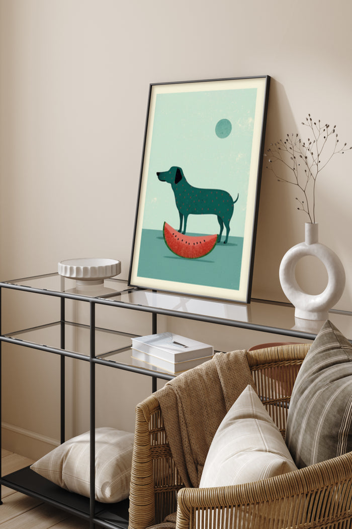 Modern artwork poster featuring a dog standing on a watermelon slice in a stylish home interior setting