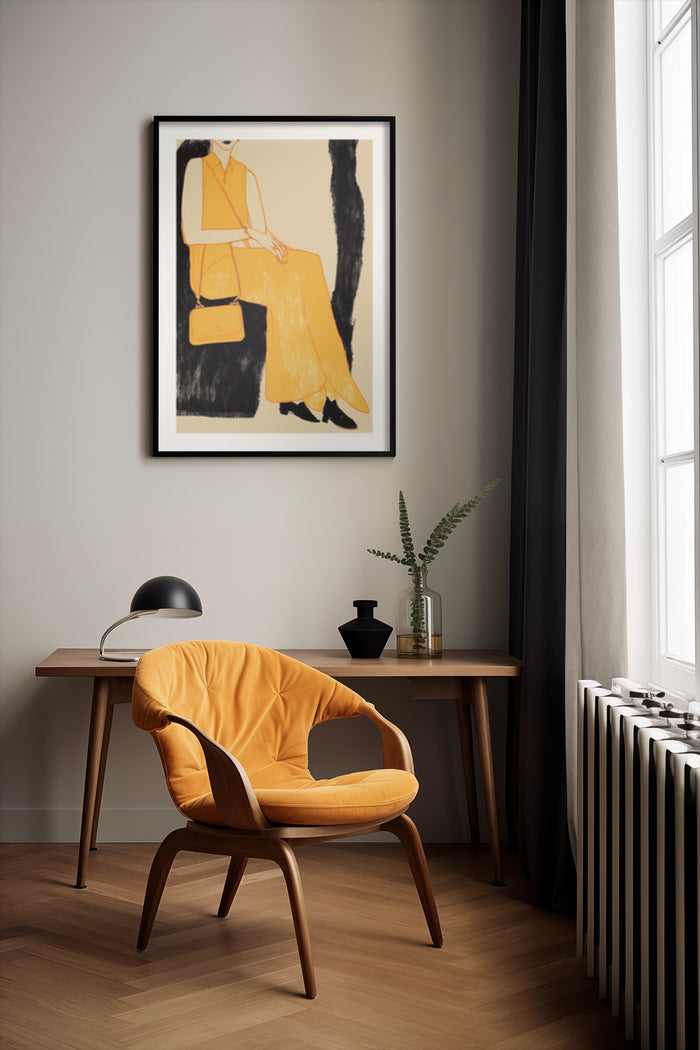 Modern artwork of a seated woman with yellow dress in a framed poster on a home interior wall