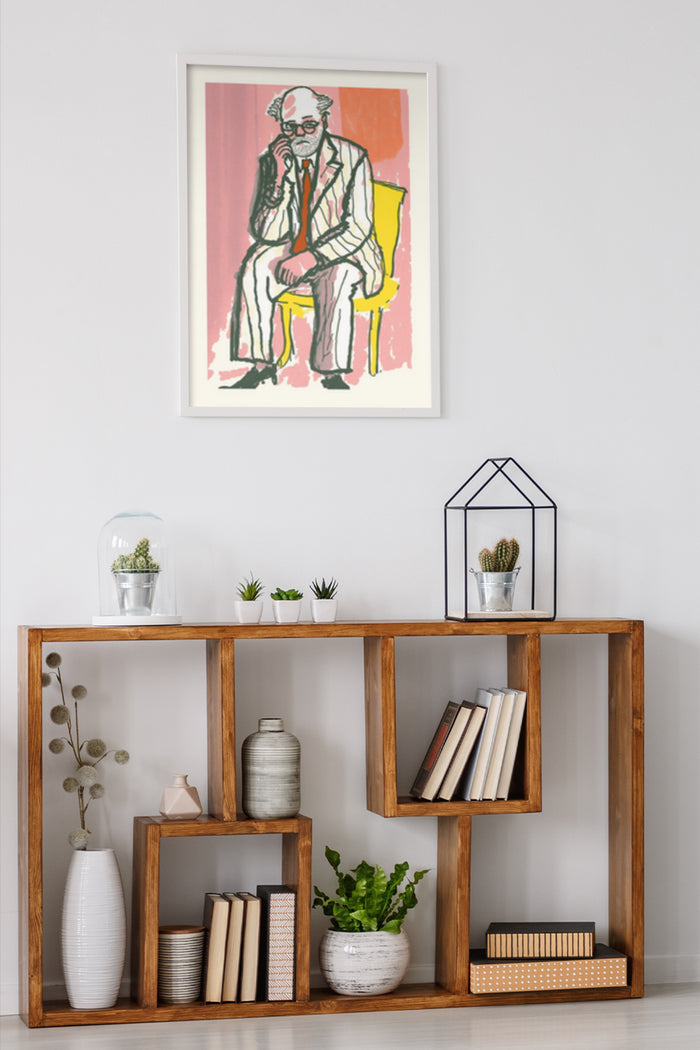 Colorful modern art poster depicting a seated man in a stylish home interior with plants and books