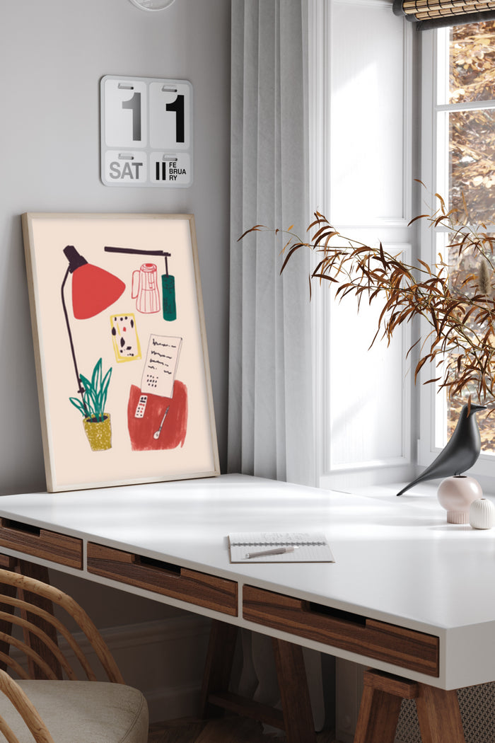 Modern abstract artwork poster featuring lamp, clothes, vase, and notepad illustrations in a stylish home office setting