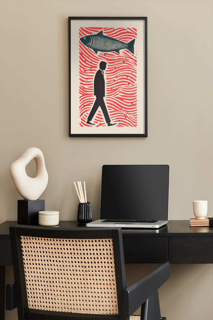 Modern artwork featuring a silhouette of a walking man and a fish against a red wavy background, displayed in a stylish home office setup
