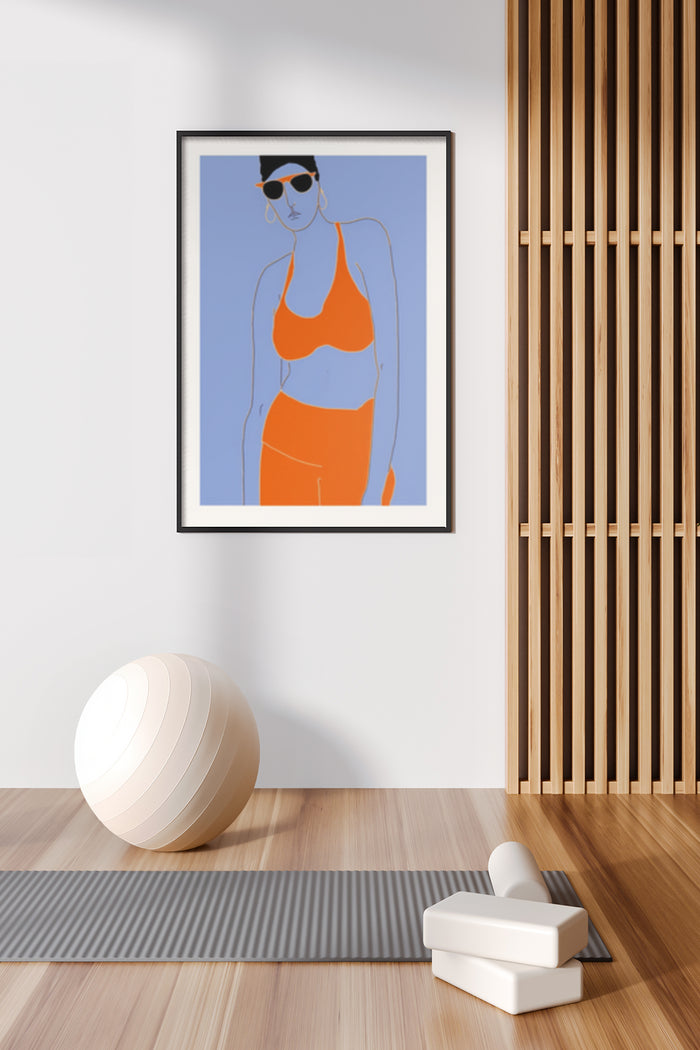 Modern artwork of a stylized woman in sunglasses and orange bikini displayed in a contemporary room
