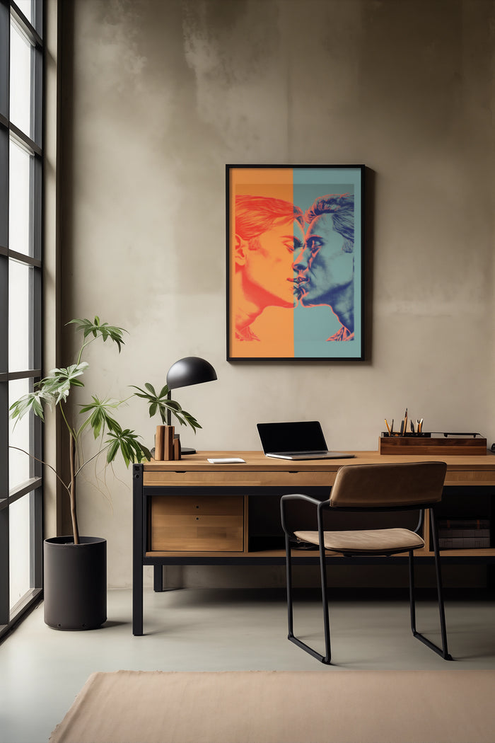 Split face modern artwork poster hanging on wall in stylish office workspace