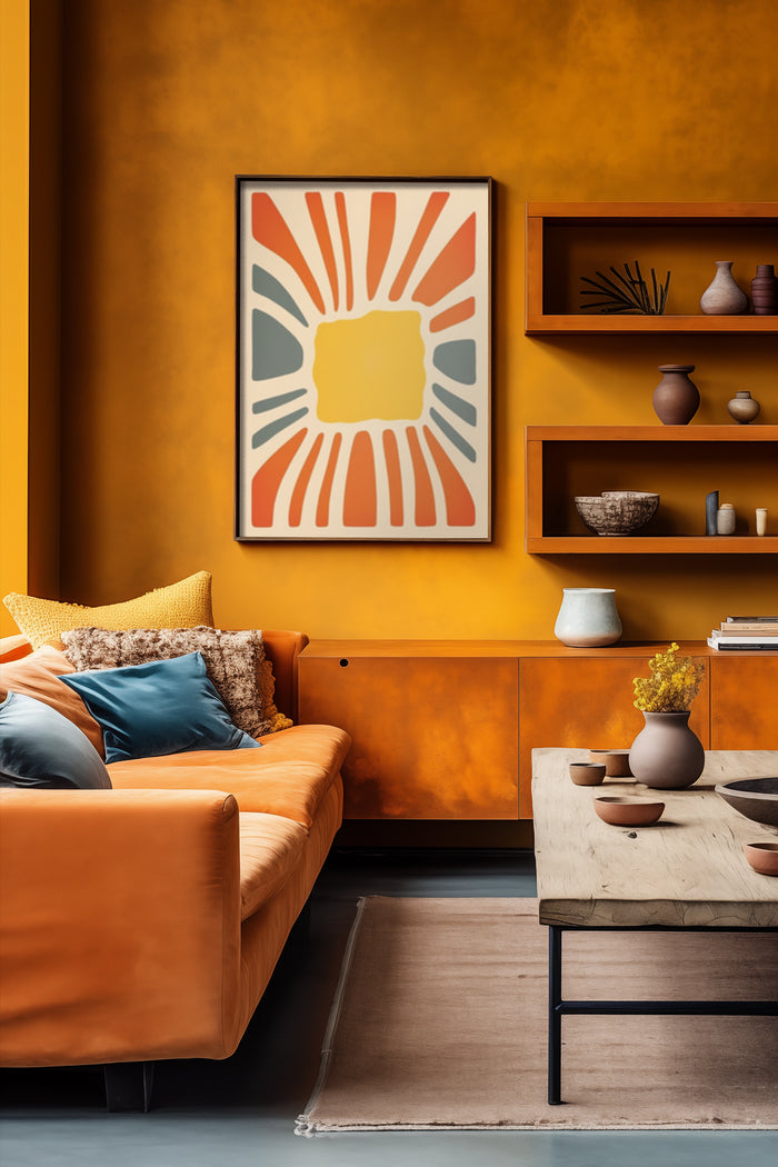 Contemporary sunburst painting in vibrant colors displayed in a stylish living room with orange wall and terracotta sofa