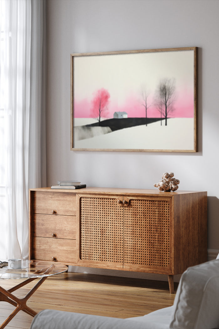 Contemporary art poster featuring a minimalist landscape with a pink sunset and bare trees displayed over a wooden sideboard in a stylish interior
