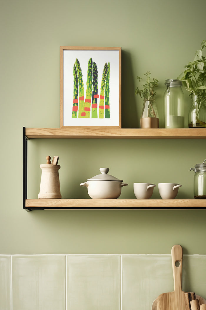 Modern asparagus artwork poster on kitchen shelf with green toned wall and kitchenware