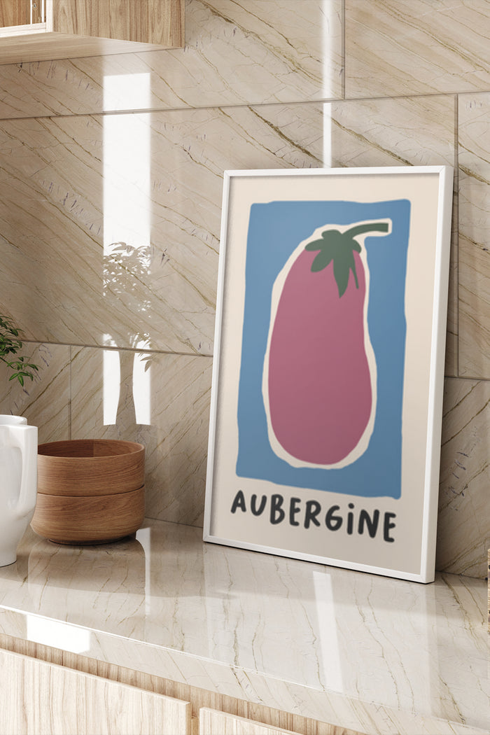 Modern illustrated aubergine poster in a sleek frame on a marble wall