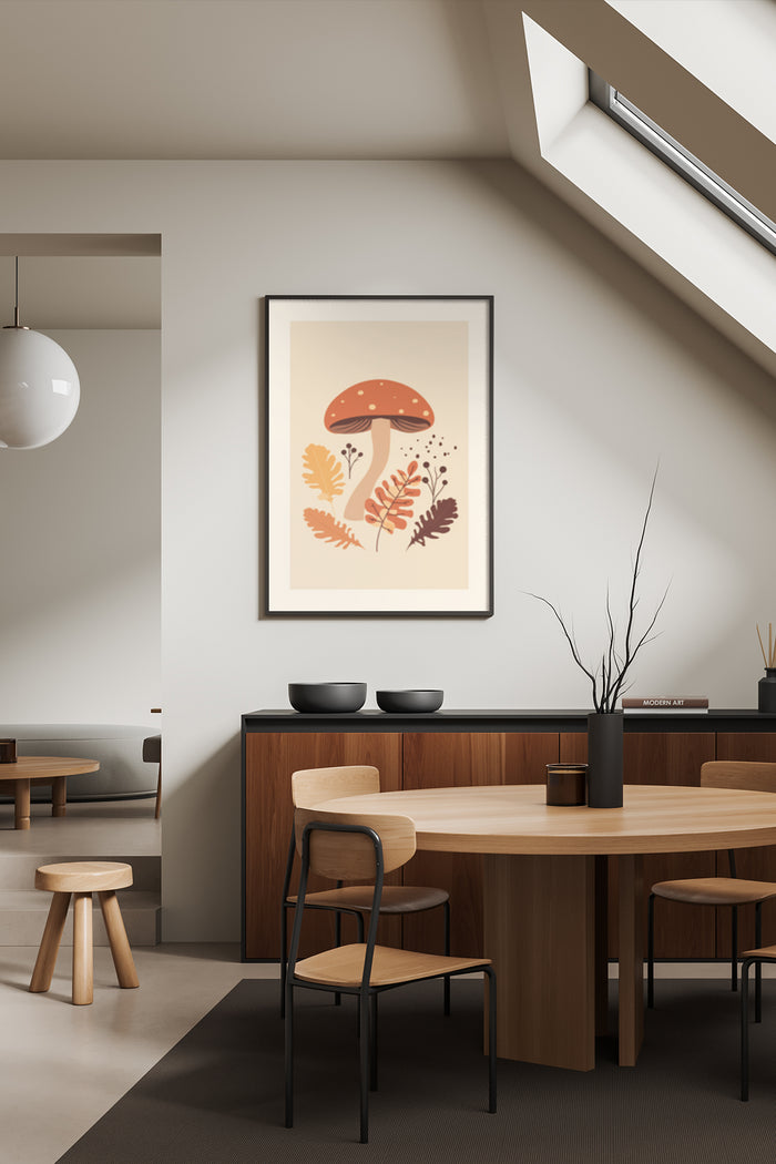 Modern Autumn Artwork Featuring a Mushroom and Autumn Foliage in a Stylish Interior Setting