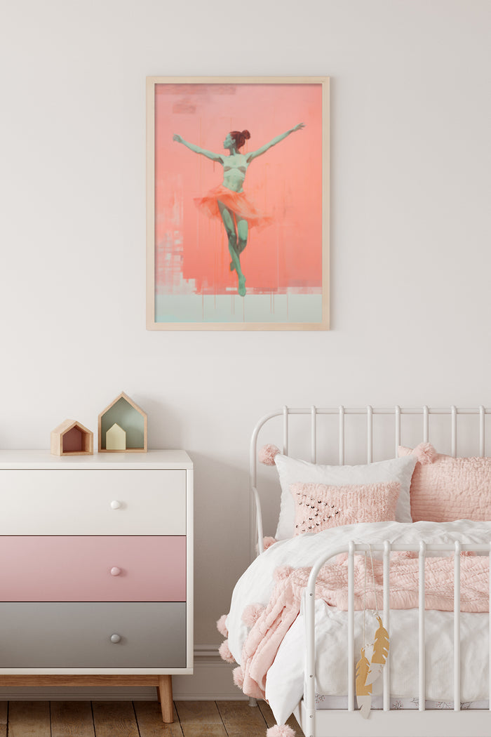 Contemporary ballet dancer painting in soft pink hues displayed in a modern bedroom setting