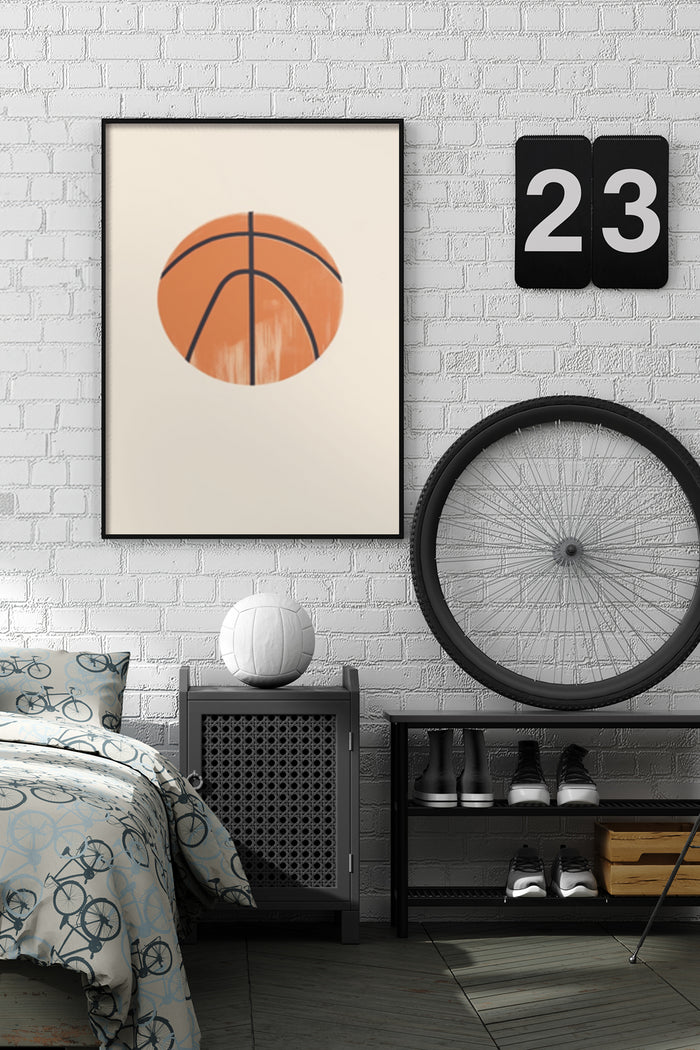 Contemporary basketball poster artwork in a stylish bedroom setting with brick wall and decorative accents