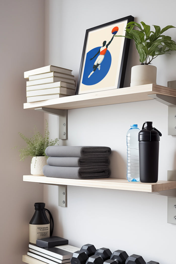 Contemporary basketball player poster art displayed on a home shelf among books and plants