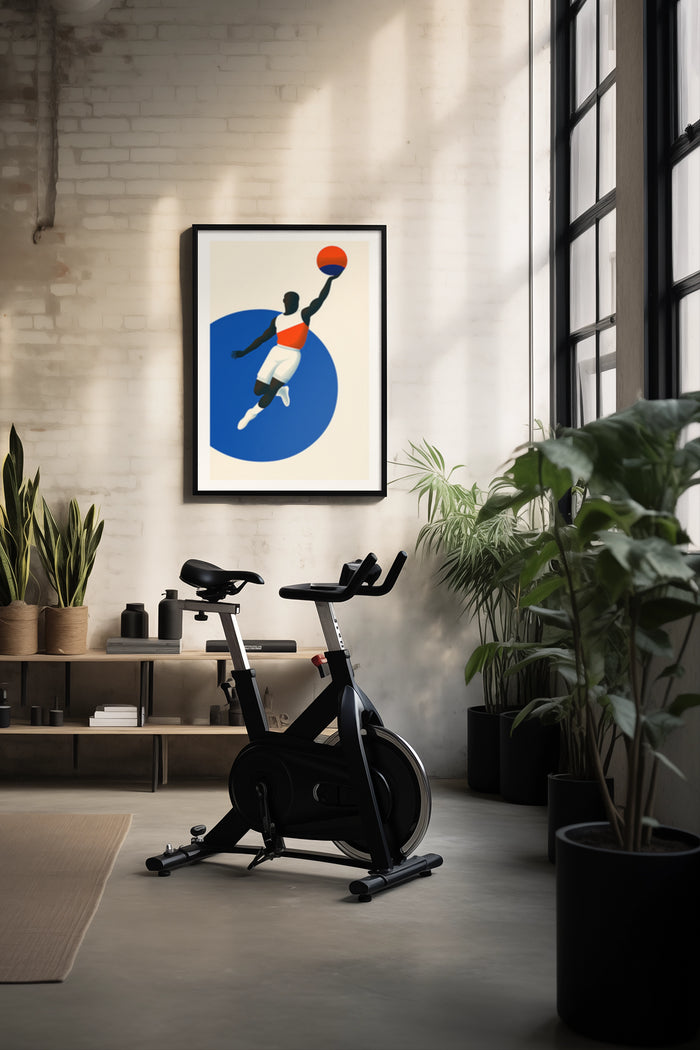 Stylish modern poster of basketball player artwork displayed in a home gym with indoor plants and exercise bike