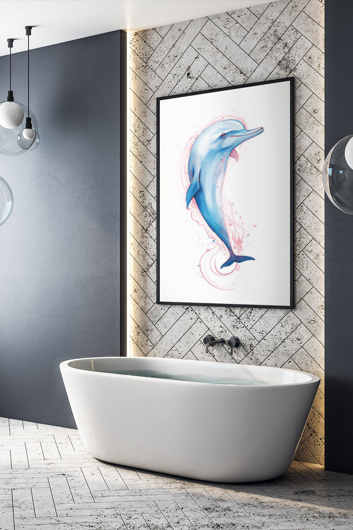 Contemporary abstract dolphin artwork on poster in modern bathroom interior design