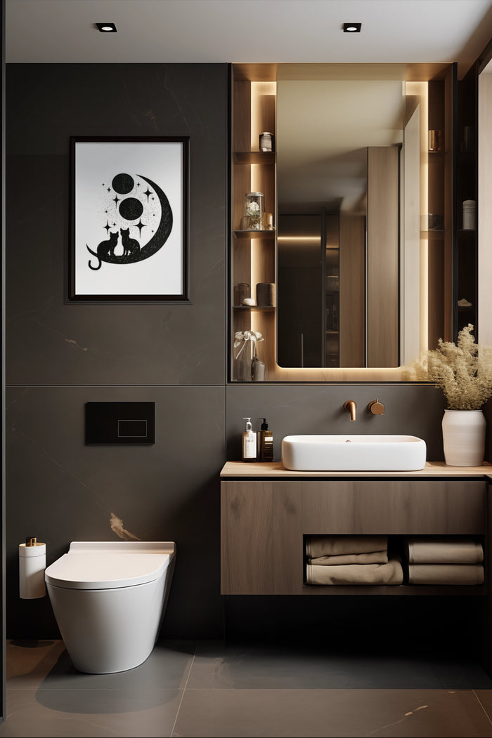 Elegant modern bathroom design with abstract black and white cat and moon art poster