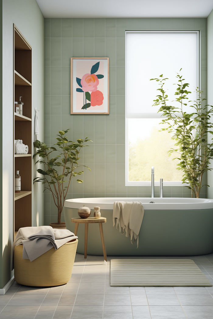 Stylish modern bathroom with green tile walls featuring a framed floral poster of pink and orange flowers