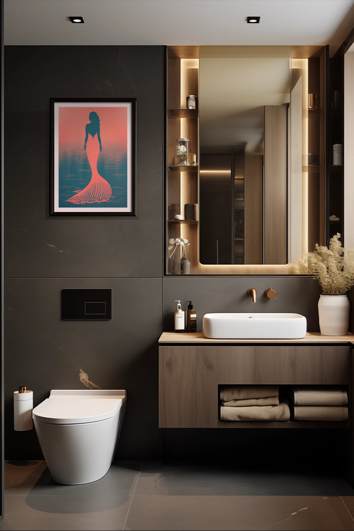 Contemporary bathroom interior design featuring a framed mermaid silhouette poster on the wall