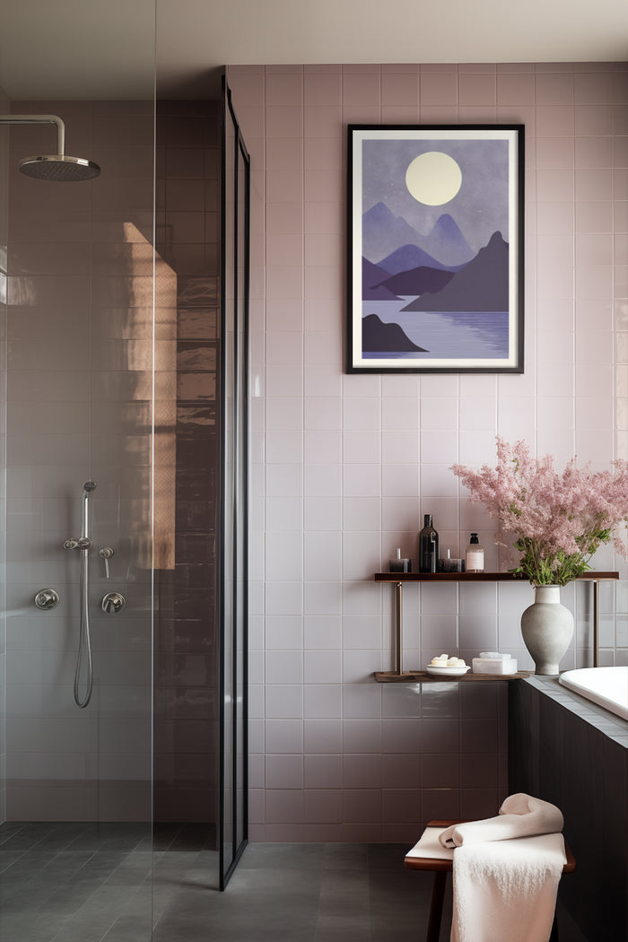 Contemporary bathroom interior design with stylish mountain landscape poster decoration