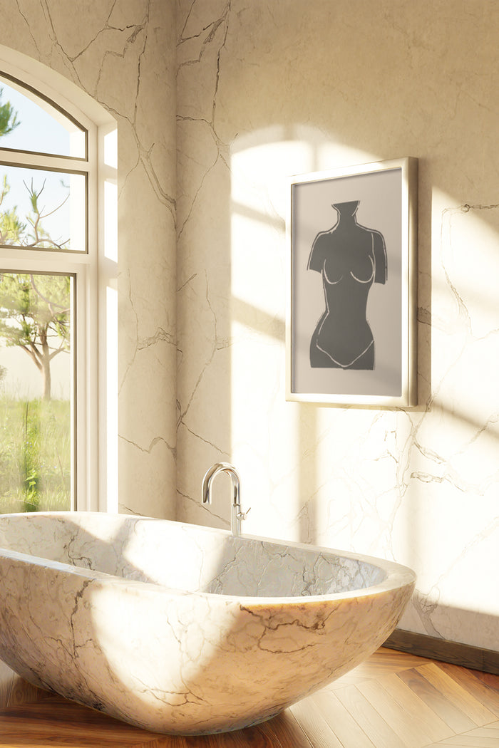 Elegant modern bathroom interior with abstract female figure artwork in sunlight