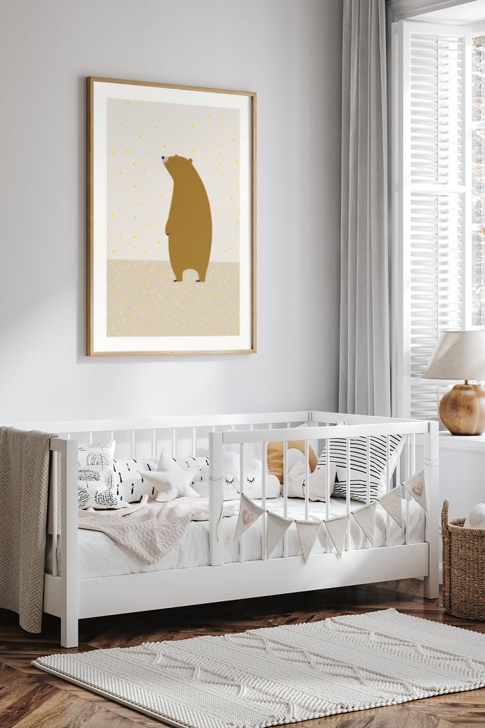 Contemporary nursery room with a framed poster of a bear illustration in a minimalist style