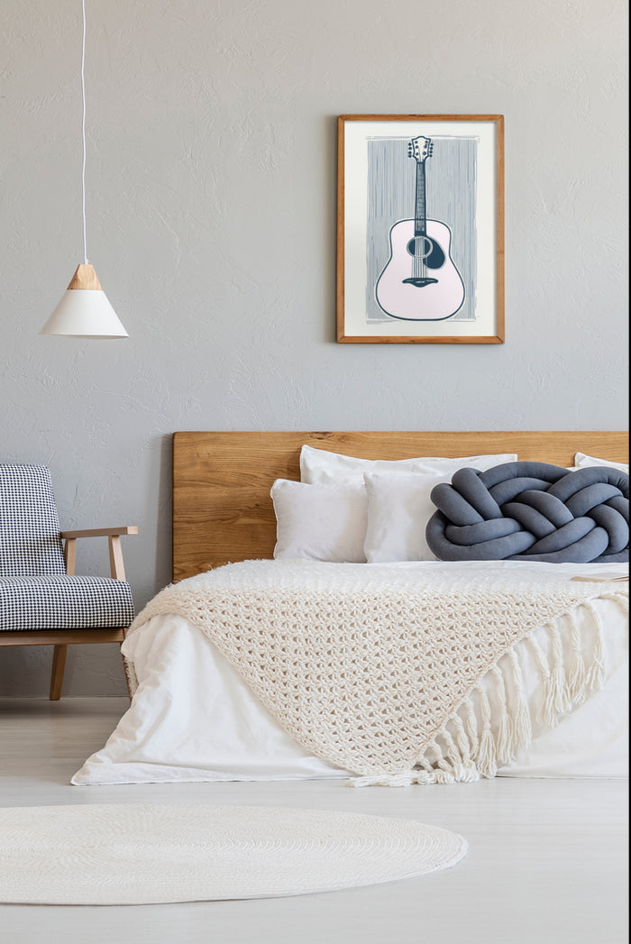 Stylish modern bedroom interior with guitar artwork on wall