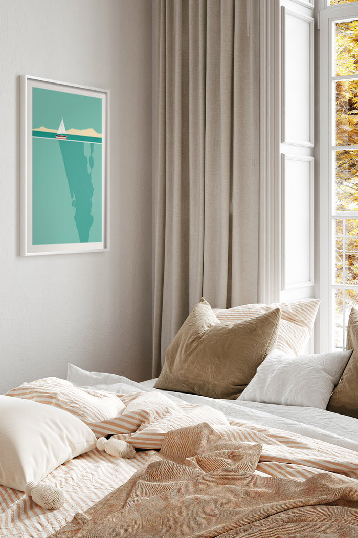 Cozy modern bedroom interior design with abstract sea view and sailboat wall art