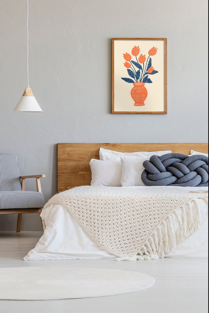 Modern bedroom interior with decorative orange tulips artwork poster on wall