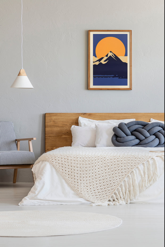 Cozy modern bedroom interior design with abstract mountain view artwork poster on the wall