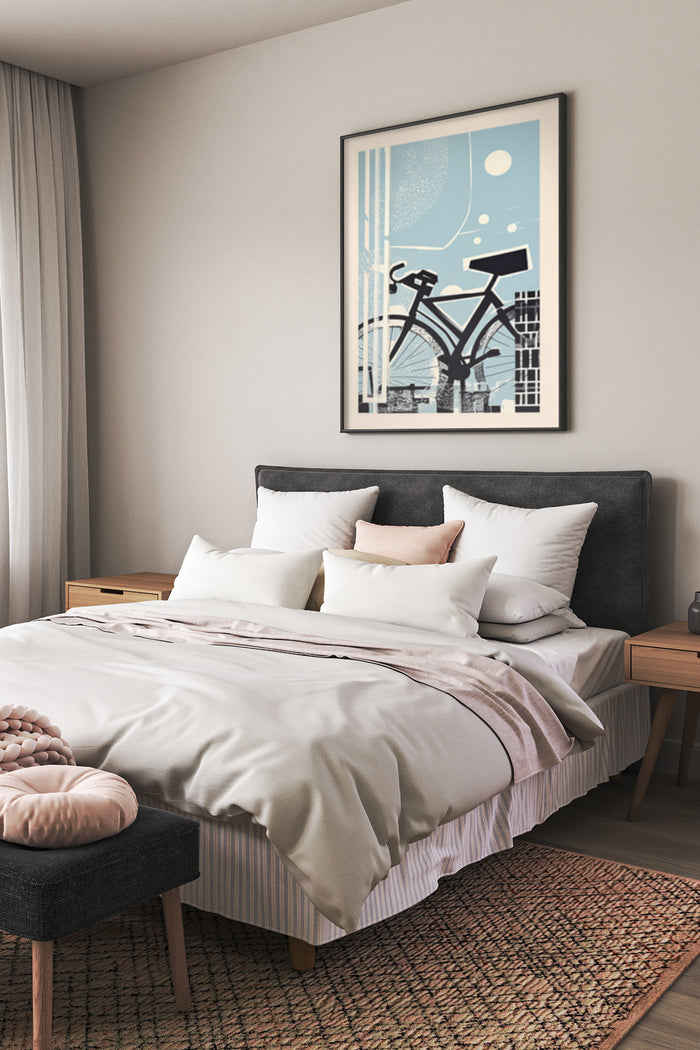 Contemporary bedroom interior featuring a stylish bicycle motif art poster on the wall