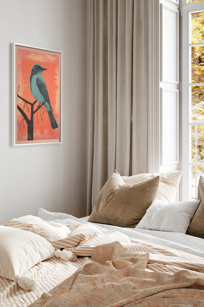 Contemporary bedroom decor with framed bird poster on wall above bed with autumn trees outside window