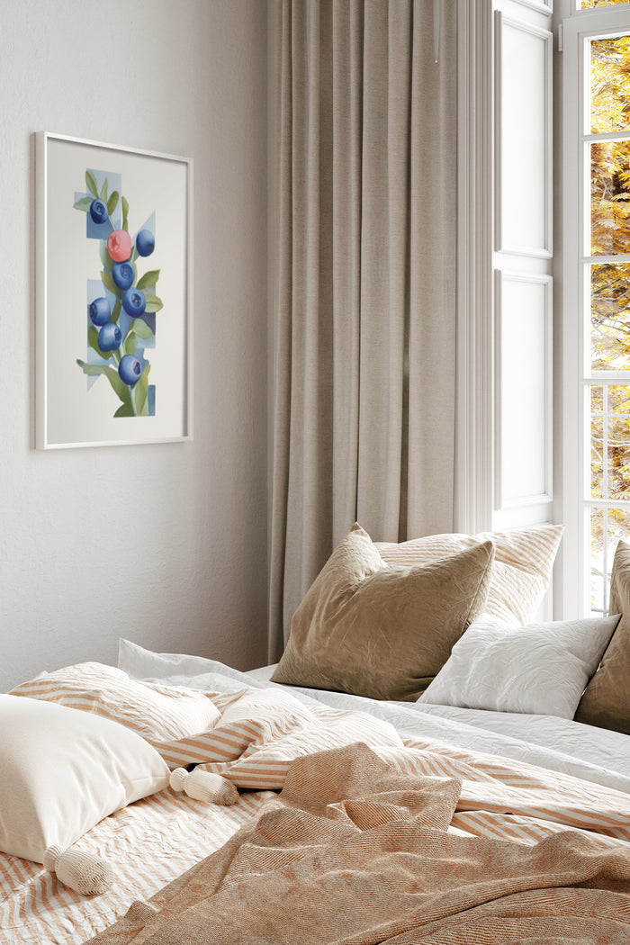 Cozy modern bedroom interior with decorative blueberry artwork framed on the wall