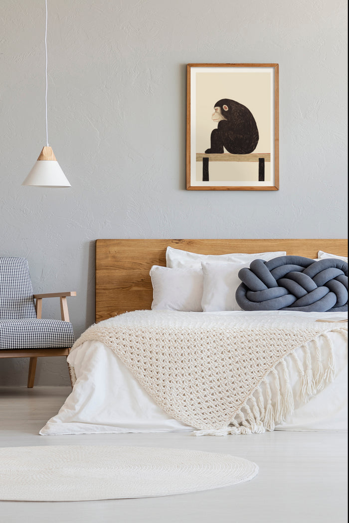 Stylish contemporary bedroom interior with abstract monkey artwork on the wall