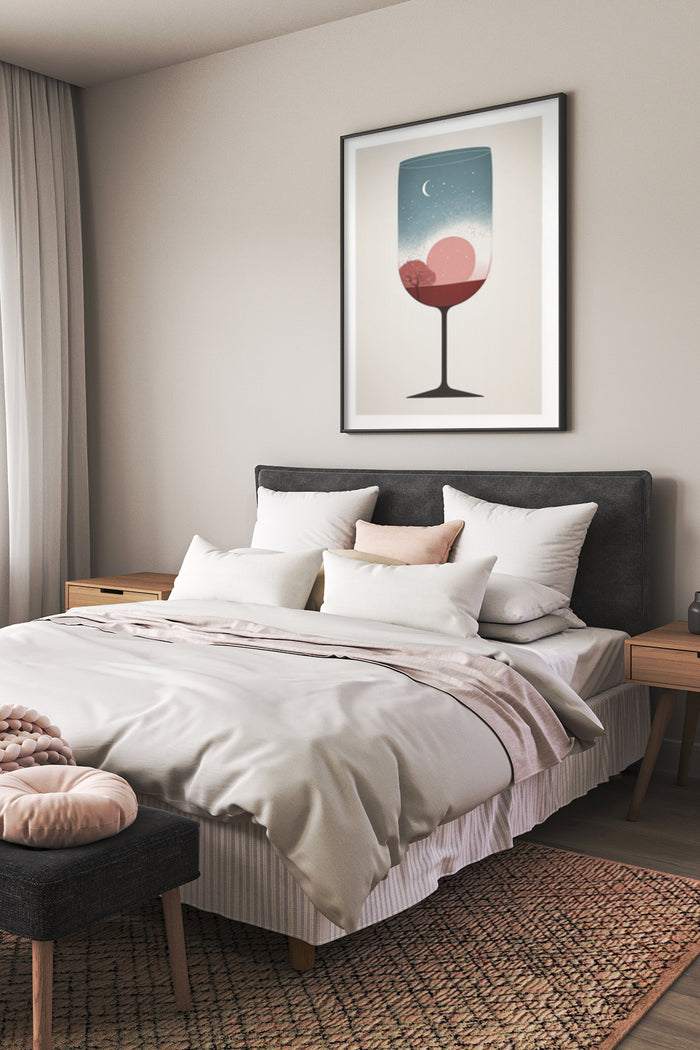 Contemporary bedroom interior featuring a wall poster with a wine glass and a tree silhouette against a moonlit sky