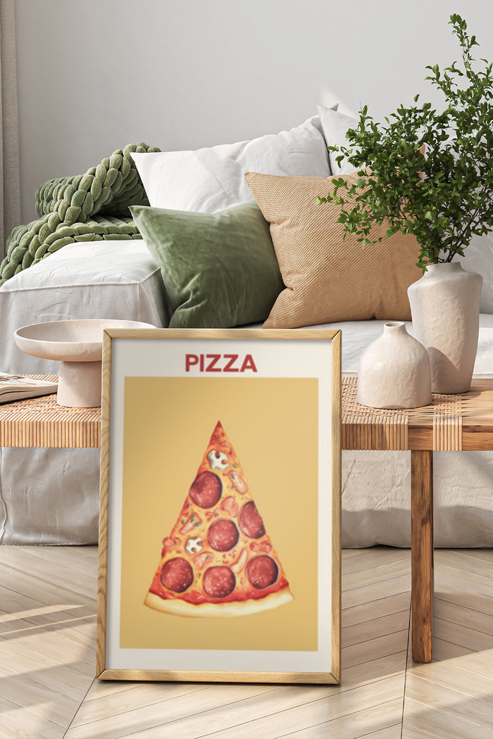Stylish modern bedroom interior design with decorative artwork poster of a pizza slice