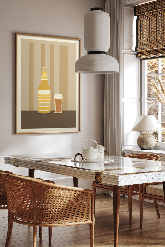 Modern minimalist beer bottle and glass poster in a chic interior design setting