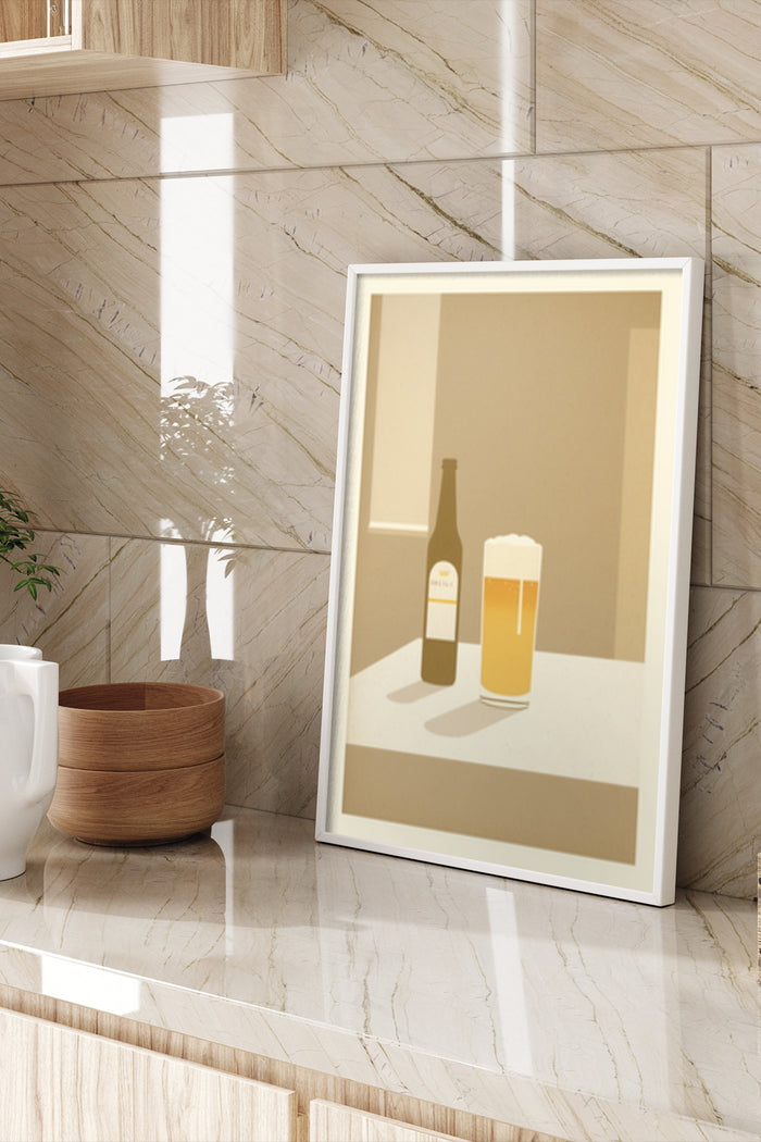 Modern Minimalist Beer Bottle and Glass Poster in Stylish Interior