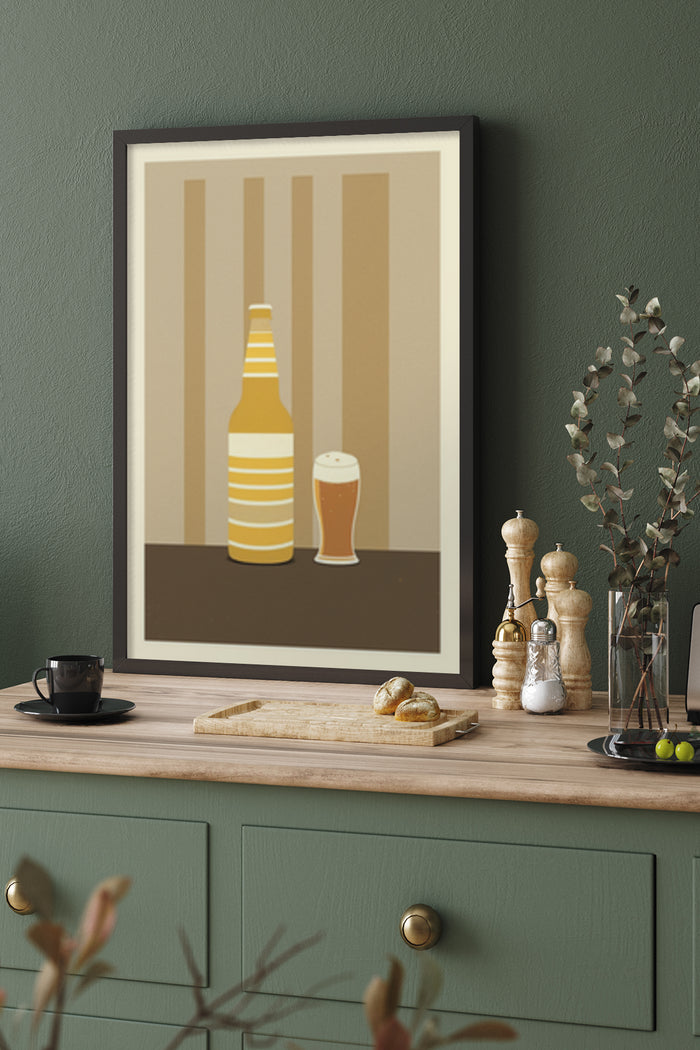 Stylized modern artwork of a beer bottle and a full pint glass in a poster framed on a kitchen wall