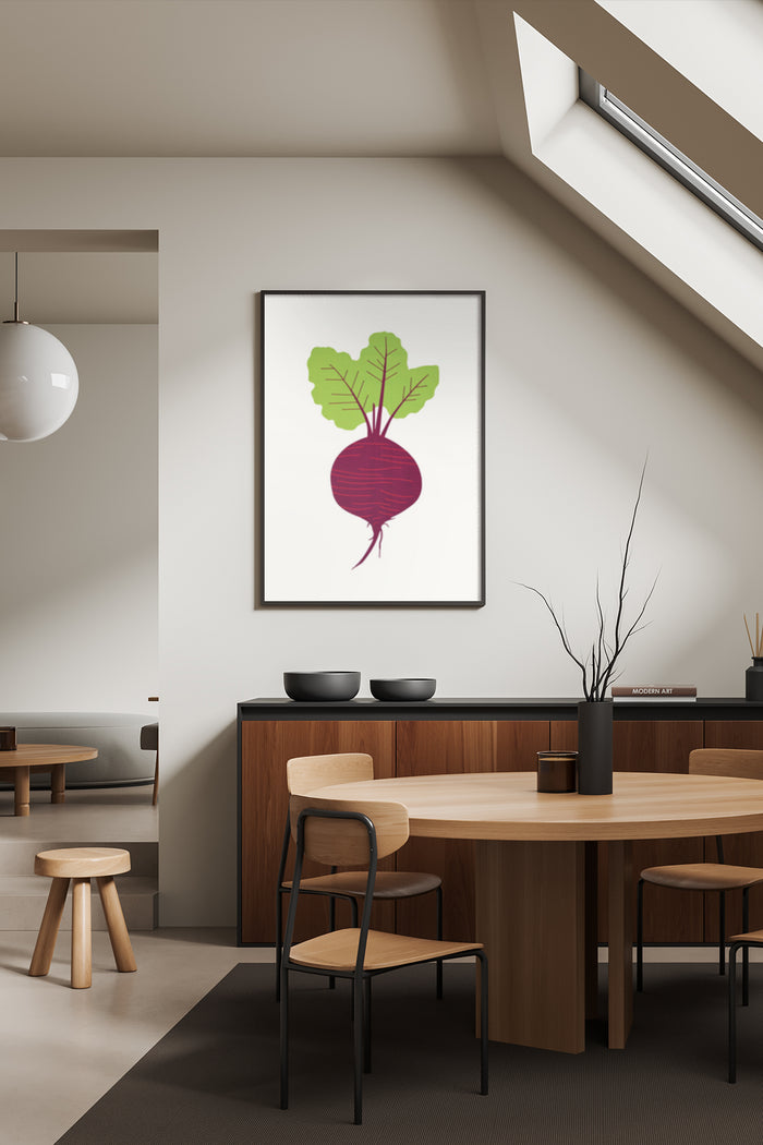 Contemporary beetroot illustration poster framed in a minimalist dining room setting