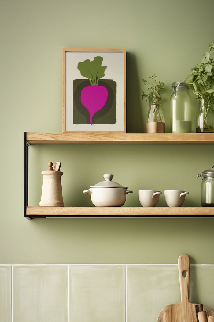 Stylish kitchen shelf decor with framed modern beetroot illustration and minimalist kitchenware
