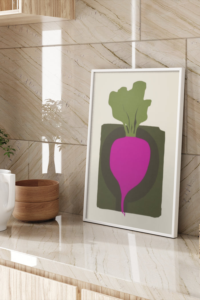 Contemporary beetroot illustration poster within a stylish wooden frame on a marble wall