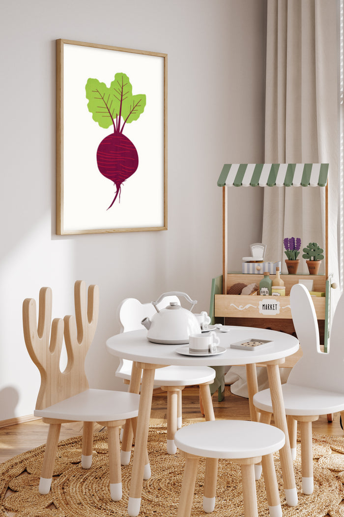 Contemporary red beetroot artwork in a minimalistic kitchen setting