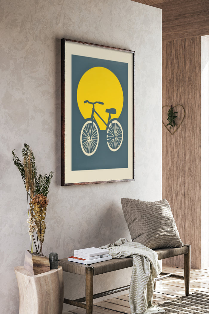 Minimalist modern art poster featuring a bicycle silhouette with oversized sun in a serene interior setting