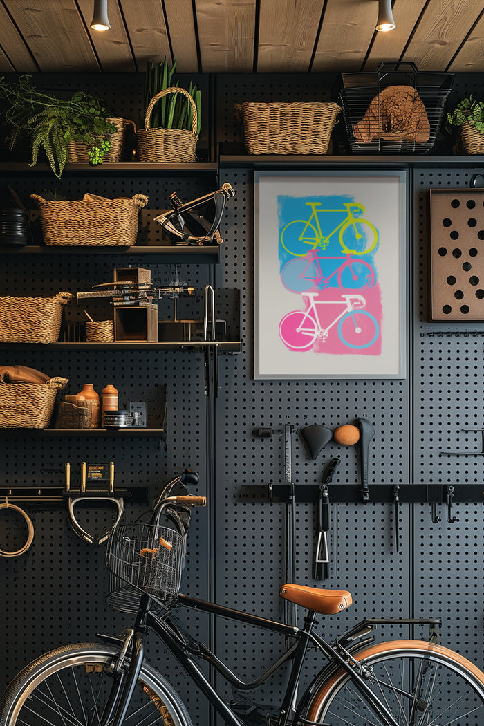 Contemporary colorful bicycle poster in stylish urban bike shop interior