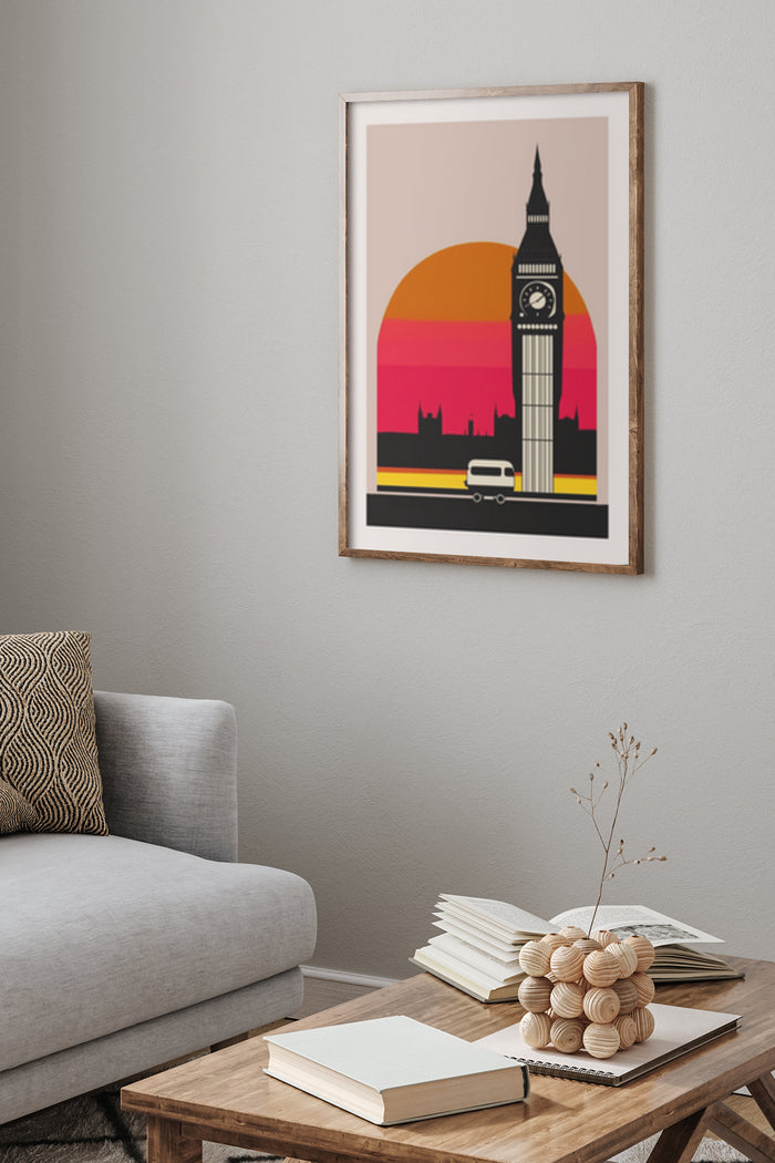 Vintage inspired modern Big Ben and London skyline sunset poster in living room setting