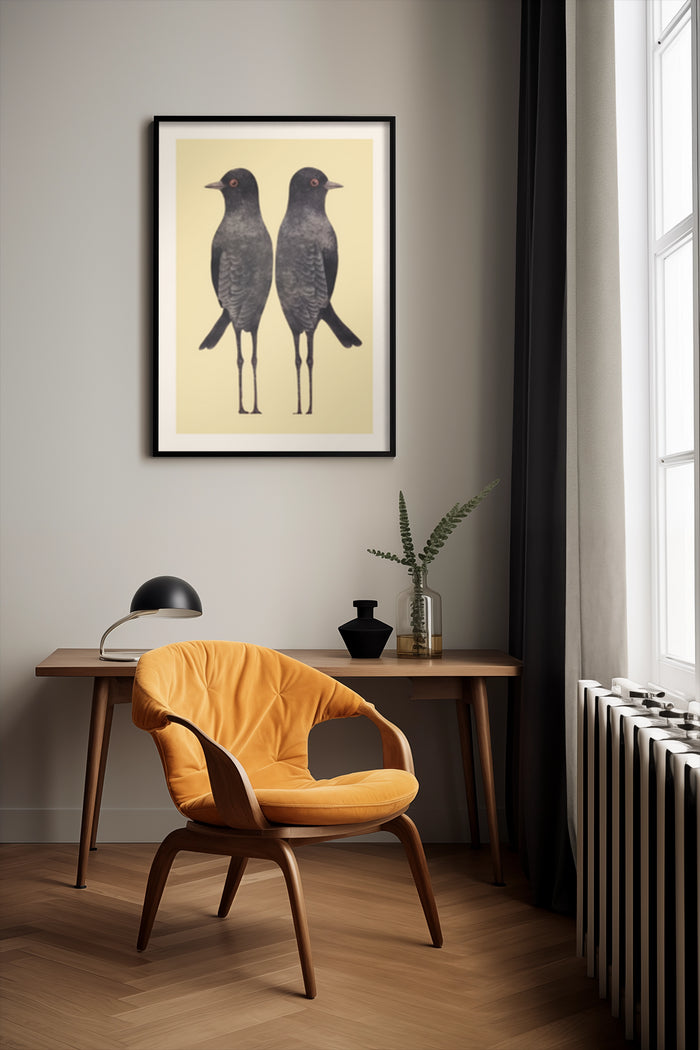 Contemporary two-bird illustration in black frame on wall above wooden table with mustard accent chair