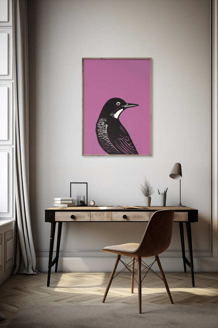 Stylish modern bird artwork with a pink background displayed in a contemporary interior setting